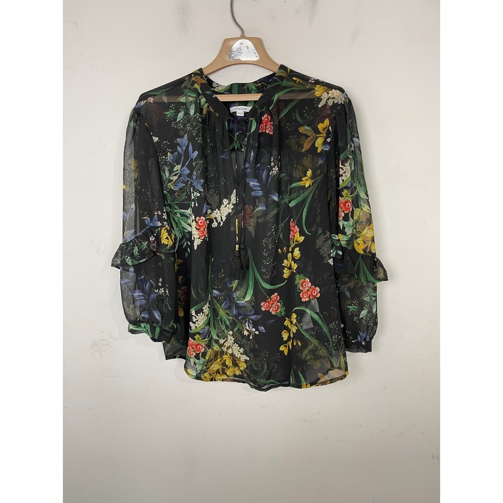 Chicos Black Floral Chiffon Blouse Tassel Tie Ruffle Sleeve Top Size 3.5 US 18 - Picture 2 of 10